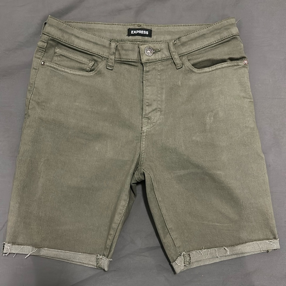 Express Olive Green Slim Denim Shorts